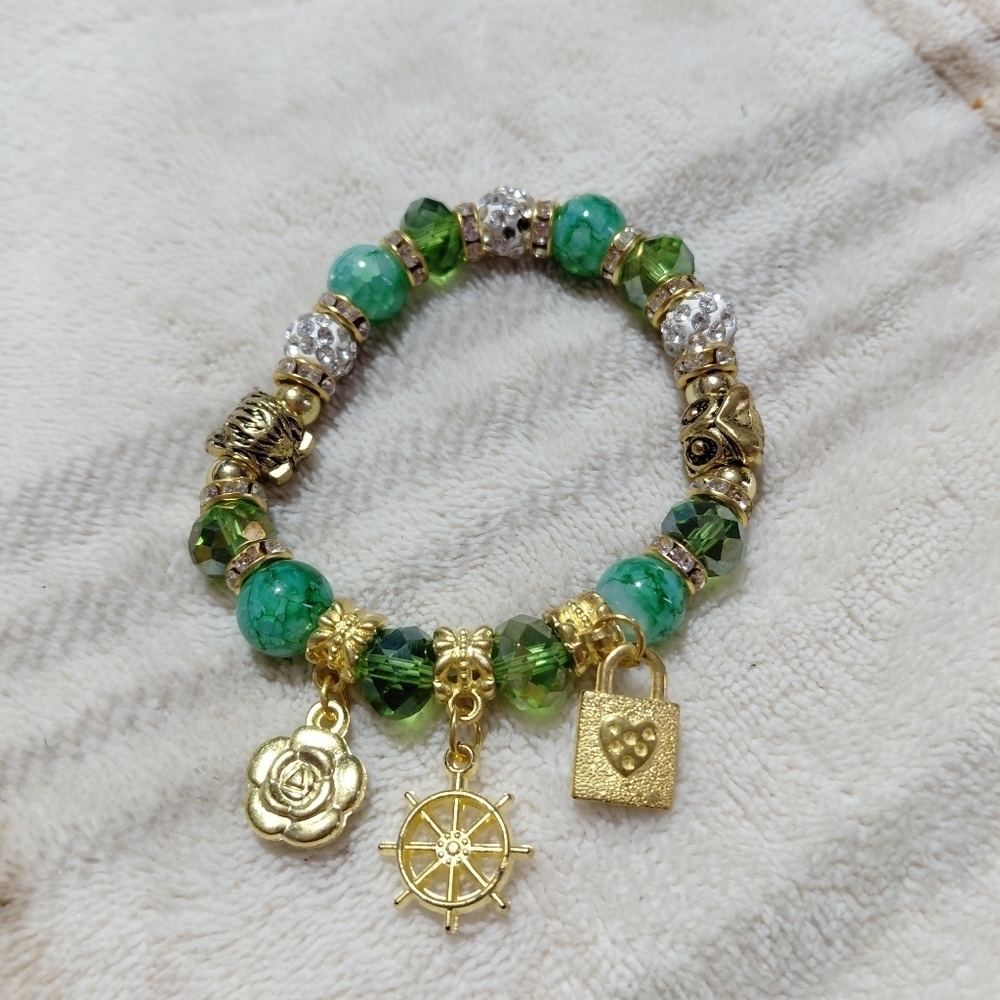 Green and Gold Charm Bracelet Handmade Stretch